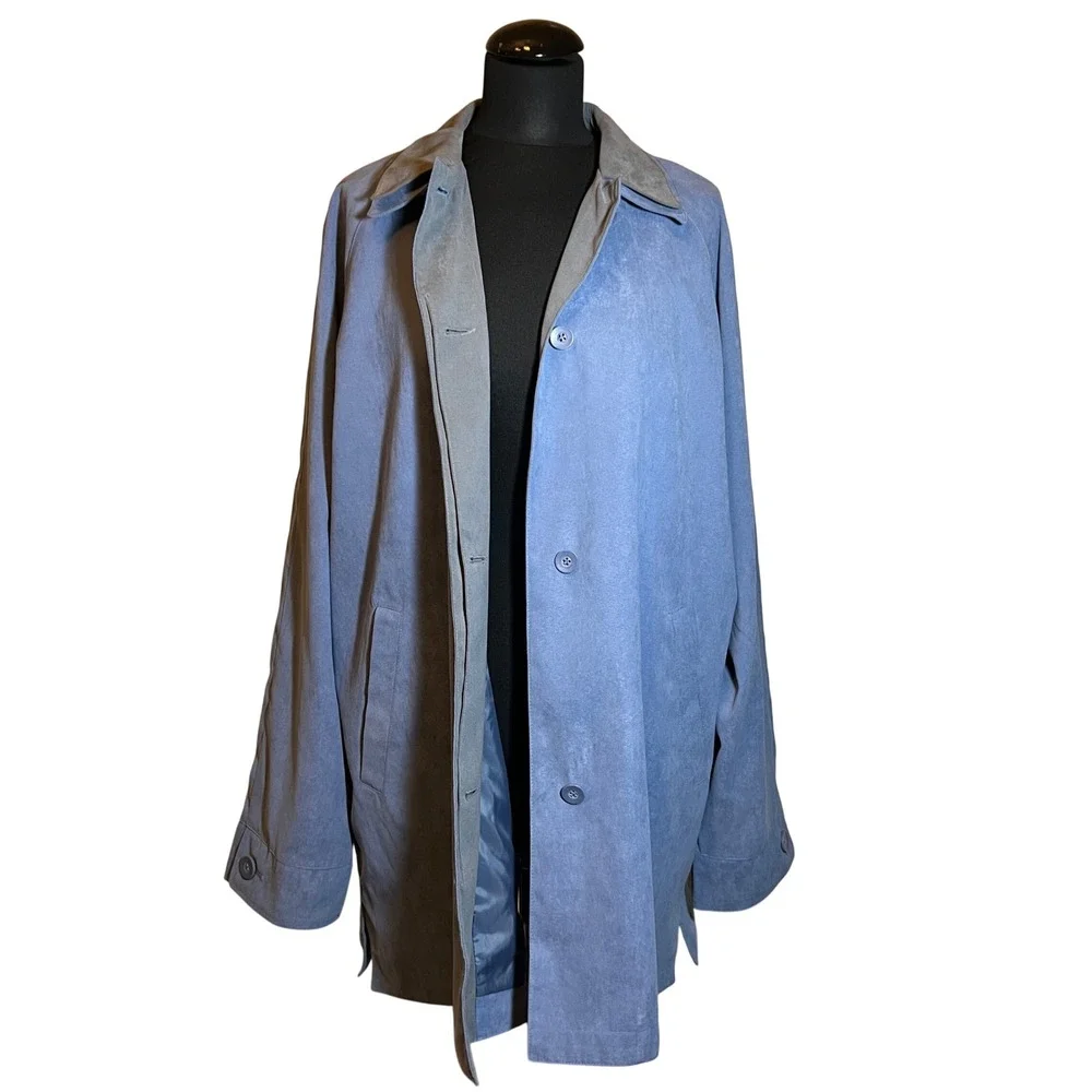 London‎ Fog Faux Suede Trench Coat Jacket in Baby Blue and Grey, Women's Size XL
